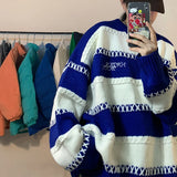 FOESCE Klein Blue Sweater men's design sense niche lazy wind couple Sweater autumn winter oversize STRIPE TOP men sweaters coat 2025