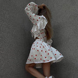 FOESCE Home Suit Women Pajamas Cotton Linen Top Skirt Set Summer Strawberry Pattern Ruffle Long Sleeve Button Blouse Mini Skirt Outfits