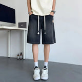 FOESCE Summer New Casual Wide Denim Shorts Men's Baggy Fashion Elastic Waist Drawstring Straight Short Jeans StreetWear men clothing
