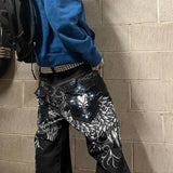 FOESCE Hip Hop Fashion Y2k Street High Waist Gothic Skull Geometry Men Jeans American Retro Couples Straight Loose Pants