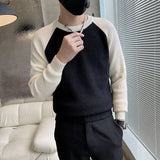 FOESCE Round Neck Contrast Color Autumn Winter Men's Clothing Sweater Knitted Pullover Long Sleeve Fashionable Casual Loose Tops