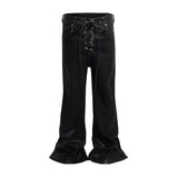 FOESCE Ro Style Ribbons Matte Coated Stretch Black Flare Pants for Men and Women Lace Up Baggy Leather Trousers Streetwear Boot Cut