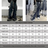 FOESCE Men Multi-pockets Pants Gradient Ribbons Drawstring Jeans Baggy Oversized Cargo Trousers Fashion Streetwear Loose