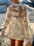 FOESCE Long Sleeve Fashion Patchwork Mini Dress, Spring Summer Women V Neck Chic Party Dress, 2025 New Beach Style Lace-Up Ladies Dress