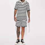 FOESCE 2025 Summer New Casual Suit Men's Streetwear Contrasting Color Design Knitted Polo Shirt Top Sports Shorts Holiday Two-piece Set
