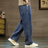 FOESCE Men Straight Leg Blue Gray Loose Y2K Drawstring Jeans Streetwear Casual Wide Denim Pants Male Baggy Stylish Harajuku Trousers