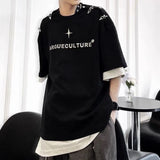 FOESCE Mens Summer Short Sleeve T-shirt Metal Buckle Design Streetwear Korean Trendy Casual Loose Top Tees Personality Letter Pullover