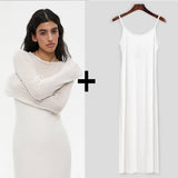 FOESCE Spring Autumn O-Neck Elastic Knit Long Dresses Women 2025 Elegant Chic Soft Lady Hollowing Sweater Dresses Femme New