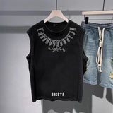 FOESCE Mens Vest Cotton Trendy Letters Print Chic Tank Tops American High Street Fashionable Sports Casual Sleeveless Tops Summer New