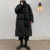 FOESCE Winter Street Long Solid Color Cotton Jacket Mens Design Warm Stand Collar Cotton Jacket Loose All-Match Knee-Length Y2k Jacket