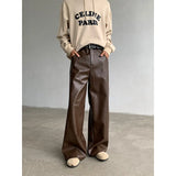FOESCE PU Leather Pants men Straight 2025new Spring Men's Punk Fashion Hip Hip Men Wide-leg Mopping Trousers Windproof Dark Brown/Black