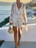 FOESCE Long Sleeve Fashion Patchwork Mini Dress, Spring Summer Women V Neck Chic Party Dress, 2025 New Beach Style Lace-Up Ladies Dress