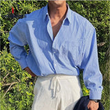 FOESCE Men's Blue Vertical Striped Long-Sleeved Shirt, Korean Style High Quality Casual  Shirt Coat， Travel ，Hiking