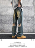 FOESCE 2025 Washed old torn jeans, men's summer American style street ruffians, handsome pants, trendy high street straight pants