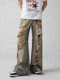 FOESCE 2025 Old and Worn Hole Jeans, High Street, Wasteland Style, Small Crowd Vibe, Beggar, Floor Sweeping Long Pants, blusa masculina
