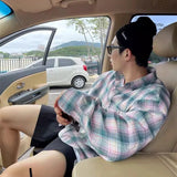 American Retro Plaid Shirt Coat, Men's Fashion Brand Loose Leisure All-Matching Couple Long Sleeve Top, Pink Shirt