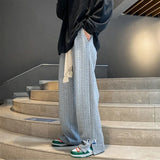 FOESCE Men High Street Sweatpants Fashion Loose Casual Side Slit Straight-Leg Pants Vintage Blue Jacquard Casual Bottoms Male Clothes