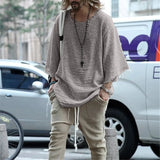 FOESCE Long Sleeve O-neck T-shirt Men's Casual Loose Top Thin Solid Color Men's Knitted Street Style Pullover T-shirt Men's Clothing