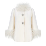 FOESCE Elegant Feather Collar Cape Coats For Women Casual Solid Single Breasted Jackets Lady Autumn Chic Loose High Street Outwear Tops