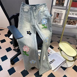 FOESCE Y2K Vintage Flower Embroidered Jeans For Men High Street Baggy Straight Wide Leg Denim Pants Autumn Design Hip Hop Fashion Jean