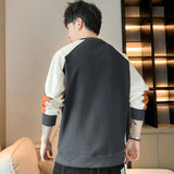 FOESCE Men's 2025 Spring New Round Neck Contrast Color Patchwork Letters Printed Sweatshirt Loose Trendy Long Sleeve Bottom Casual Tops