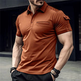 FOESCE Men's Summer solid color Daily casual cargo Style Stitching Arm Pocket Design slim lapel short-Sleeved muscle Sports Polo shirt