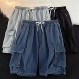 FOESCE 2025 New Multi-pocket Baggy Cargo Jorts For Men Solid Color Breathable Straight Denim Shorts Y2K Streetwear Distressed Bermudas