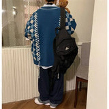 FOESCE Loose Knitted Sweater Set Men Women Vintage Patchwork Sweater Cardigan +High Street Wide Legs Loose Lantern Jeans Two-piece Sets