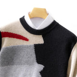 FOESCE New Men 100% Pure Cashmere Wool Soft Sweater O-neck Irregular Splicing Pullover Autumn Winter Casual Thick Basis Large Size Top