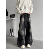 FOESCE Jeans Men baggy Wide Leg Washed Marble Jeans Vintage Comfort Denim Pant Relaxed Fit Casual Trousers Trend Streetwear Urban Style