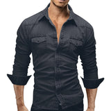 FOESCE Men'S Autumn Fashion Clothing Casual Fashion Long Sleeve Lapel Shirts Solid Color Denim Washed Shirt Men'S Tops