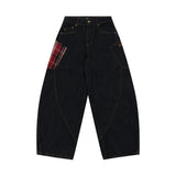 FOESCE Scottish Plaid Splicing Arc Wide Baggy Jeans Y2k Spring and Autumn New Streetwear Washed Oversized Straight Wide Leg Jeans 2025