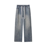 FOESCE Men Denim Pants Elastic waist pull rope Straight Droop Vintage Loose Bottom Straight Wide Leg Casual Male Trousers Korean Style