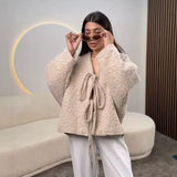 FOESCE Luxury Women Autumn Winter Tweed Jacket Urban Coat V-neck Lace-up New Loose Casual Solid Jacket Design Outerwear Lady's Tops New