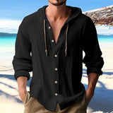 FOESCE Summer Men's Linen Shirt Solid Streetwear Long Sleeve Hoodie Cardigan Clothing For Men Button Tops Casual Loose Men Hooded Shirt