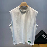 FOESCE Summer Ripped Hole O Neck Men Tank Top Fashion Personality Casual 2xl Oversized T Shirt Clothing Sports Daily Street Black White