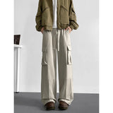 FOESCE Spring Unisex Loose Wide Leg Cargo Pants Elastic Waist Side Pocket Workwear Casual Wear Trendy Men Women Outdoor Comfort Pleats