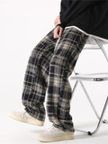 FOESCE New Men's Y2K Plaid Casual Baggy Trousers Autumn Korean Fashion Straight Woolen Pants Y2K Vintage Streetwear Pantalones Hombre