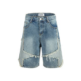FOESCE High Street Washed Stars Patchwork Baggy Jeans Shorts for Men Wide Leg Straight Casual Denim Five Point Pants Oversized