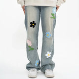 FOESCE Y2K Vintage Flower Embroidered Jeans For Men High Street Baggy Straight Wide Leg Denim Pants Autumn Design Hip Hop Fashion Jean