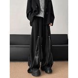 FOESCE Patchwork Wide Leg Pants Men Casual trousers PU Zipper Hip Hop unisex Fashion Harajuku High Street trend Loose Pants Ropa Hombre