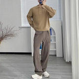 FOESCE American Summer Men's 2025 New Spliced Turn-down Collar Button Fashion Solid Loose Versatile Casual Long Sleeve Knitted Top