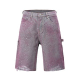 FOESCE Streetwear Full Rhinestone Print Baggy Jeans Shorts for Men Ripped Hole Washed Short Casual Loose Denim Five Point Pants