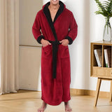 FOESCE Men Nightgown Hooded Long Sleeve Color-Blocked Thickened Plush Robe Lace-up Belt Long Style Thermal Insulation Loungewear