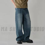 FOESCE Spring Autumn Men's New Denim Pants Old Blue Washed Casual Jeans Menwear Loose New Fashion contrasting color Wide Leg Trousers