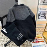 FOESCE Korean Contrasting Color Splicing Cardigan Lapel Sweater Men and Women Trendy Niche Loose Warm Sweater