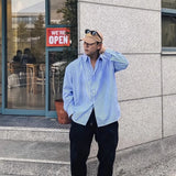 FOESCE Men's Blue Vertical Striped Long-Sleeved Shirt, Korean Style High Quality Casual  Shirt Coat， Travel ，Hiking