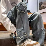 FOESCE Stars Patchwork Men Jeans New Fashion Y2K Tassel Pants Korea Clothes Straight Hip Hop Splicing Trousers Male Streetwear
