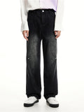 FOESCE 2025 Relay's new Korean version of loose fitting straight mid rise denim jeans with stitching and buckle design for men and