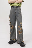 FOESCE STUDIOS 2025 Summer New Korean Edition Personalized Straight Barrel Broken Hole Beggar Casual Jeans men's for Men streetwear